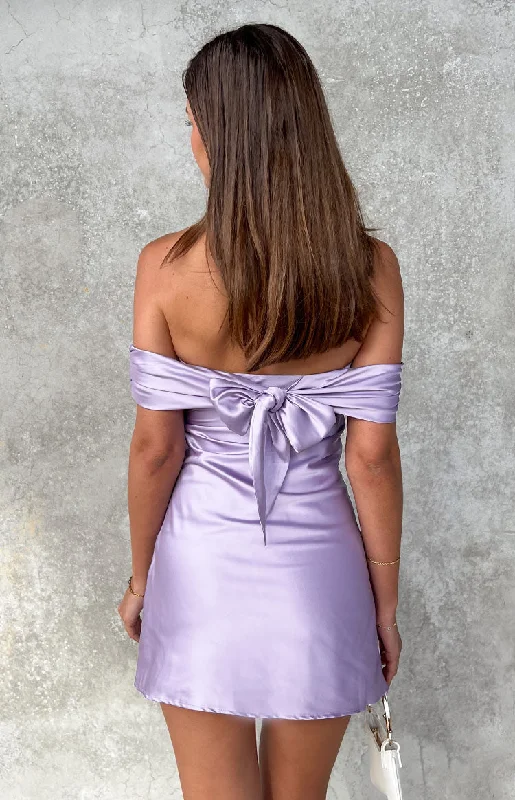 Women's Turtleneck DressesPrimrose Purple Satin Off the Shoulder Mini Dress