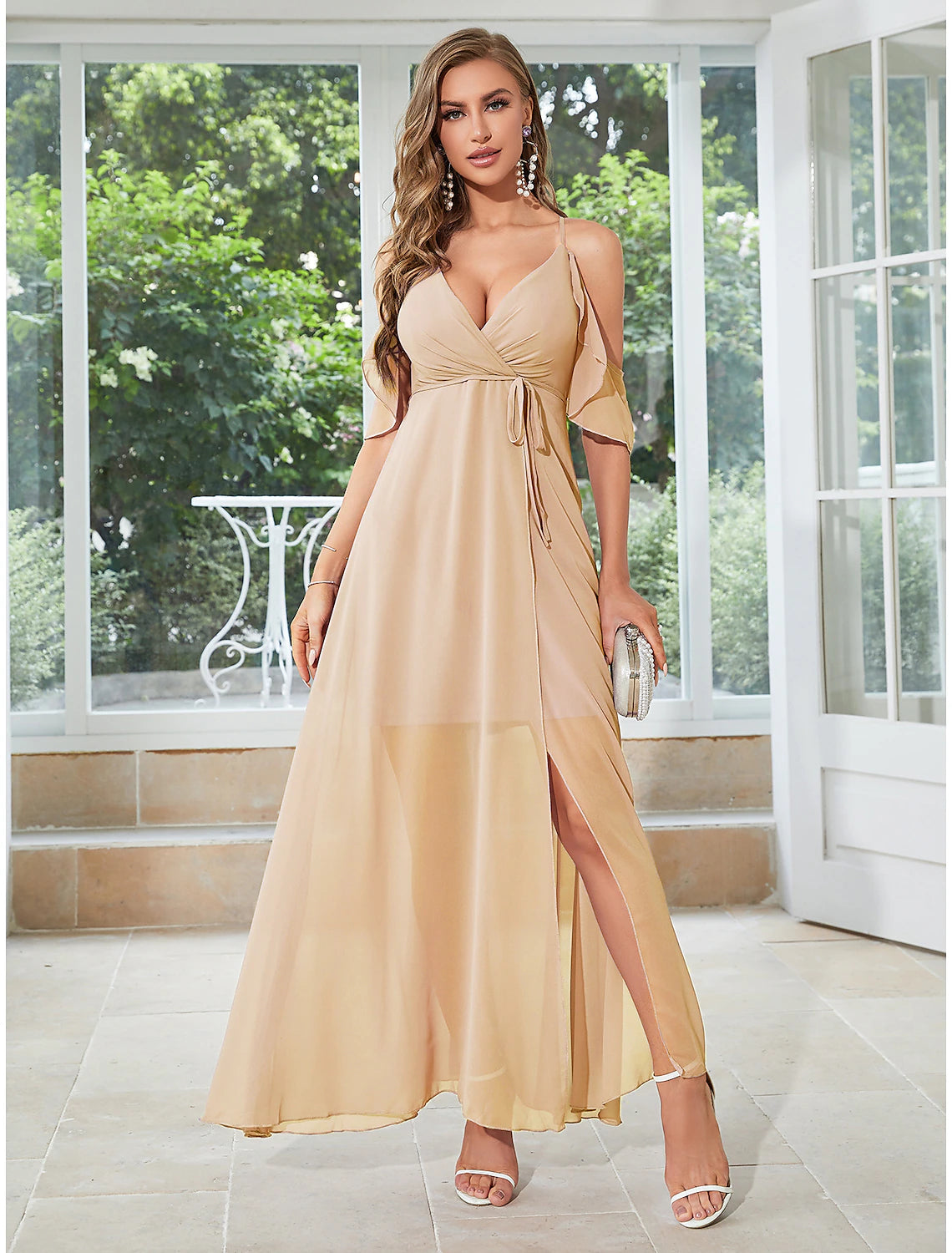 Women's Strapless DressesA-Line Wedding Guest Dresses Elegant Dress Party Wear Wedding Party Ankle Length Sleeveless V Neck Chiffon with Ruffles Slit Strappy