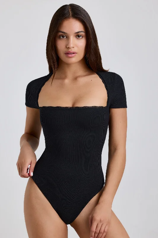 Women's Blouse for EveningRibbed Modal Lace-Trim Bodysuit in Black