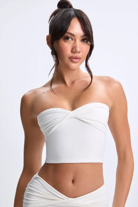 Women's Blouse with Narrow CollarTwist-Front Bandeau Top in White