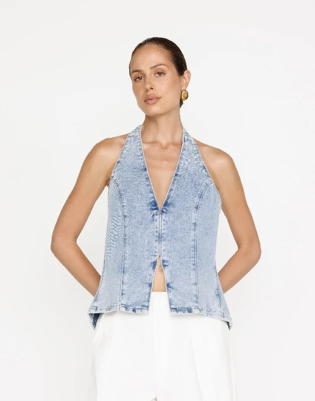 Women's Blouse with Asymmetrical HemElham Denim Top (Light Vintage)