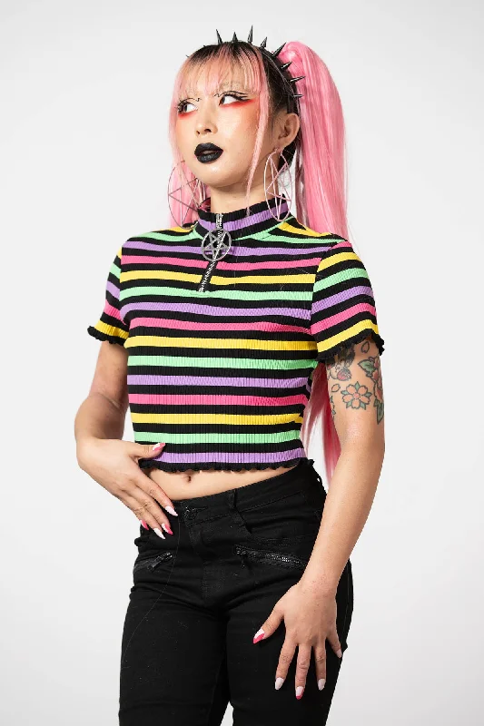 Women's Blouse with Collarless DesignRainbow Child Ribbed Crop Top