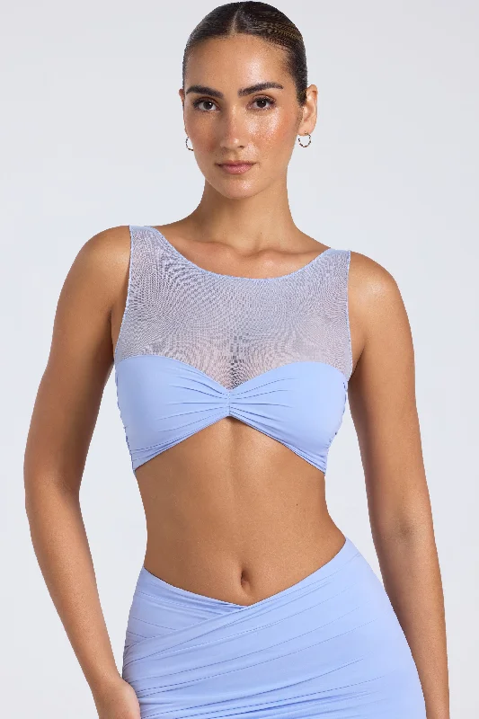 Women's Blouse with EmbroiderySheer Panelled Ruched Crop Top in Periwinkle Blue